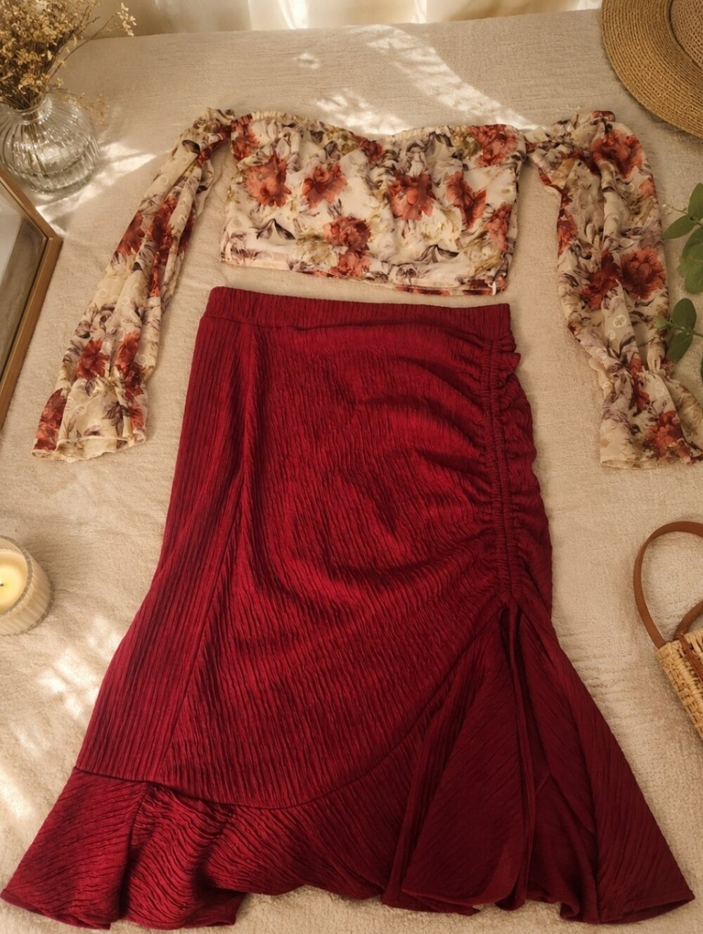 2 Piece Top & Skirt- Ruched High-Slit Midi Skirt in Burgundy With Chiffon Top - Picture 5 of 5